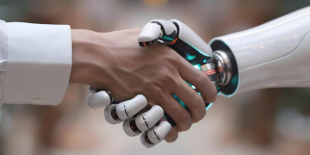 Mano robot apriete de mano con mano humana