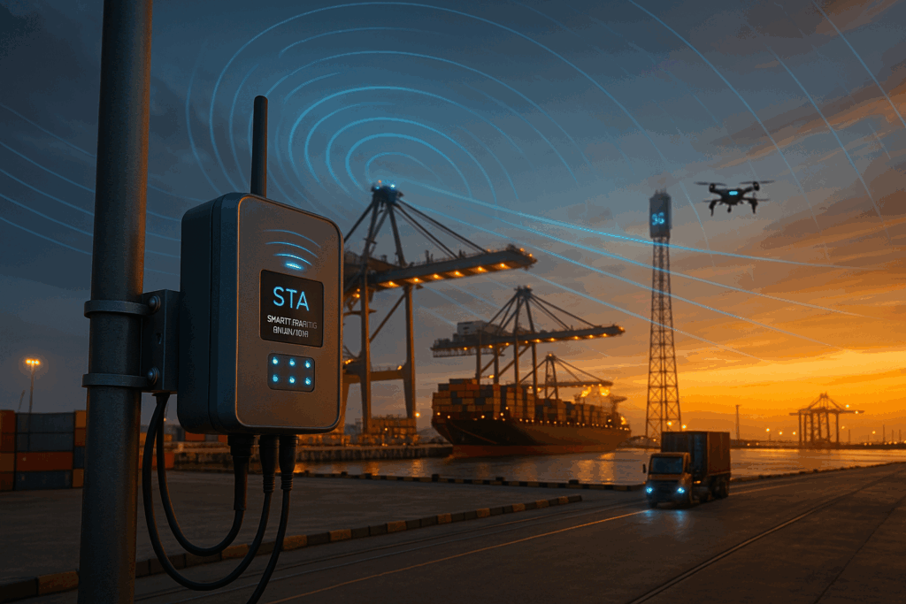 Sensor STA (Smart Traffic Analyzer) monitorizando tráfico de comunicaciones 5G, LoRaWAN e IoT en un puerto inteligente al atardecer, con grúas automatizadas, un dron y camión autónomo en operación.