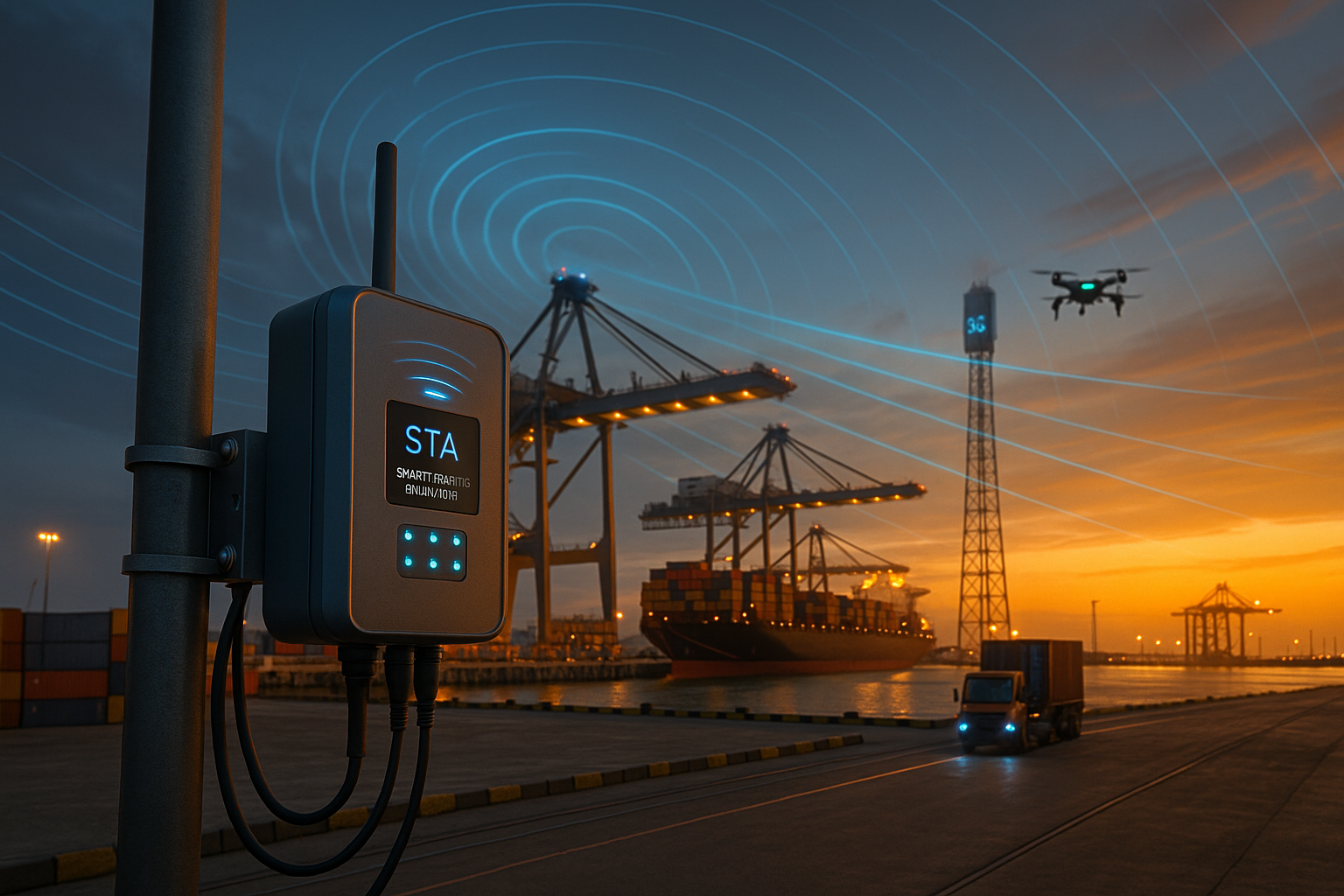 Sensor STA (Smart Traffic Analyzer) monitorizando tráfico de comunicaciones 5G, LoRaWAN e IoT en un puerto inteligente al atardecer, con grúas automatizadas, un dron y camión autónomo en operación.