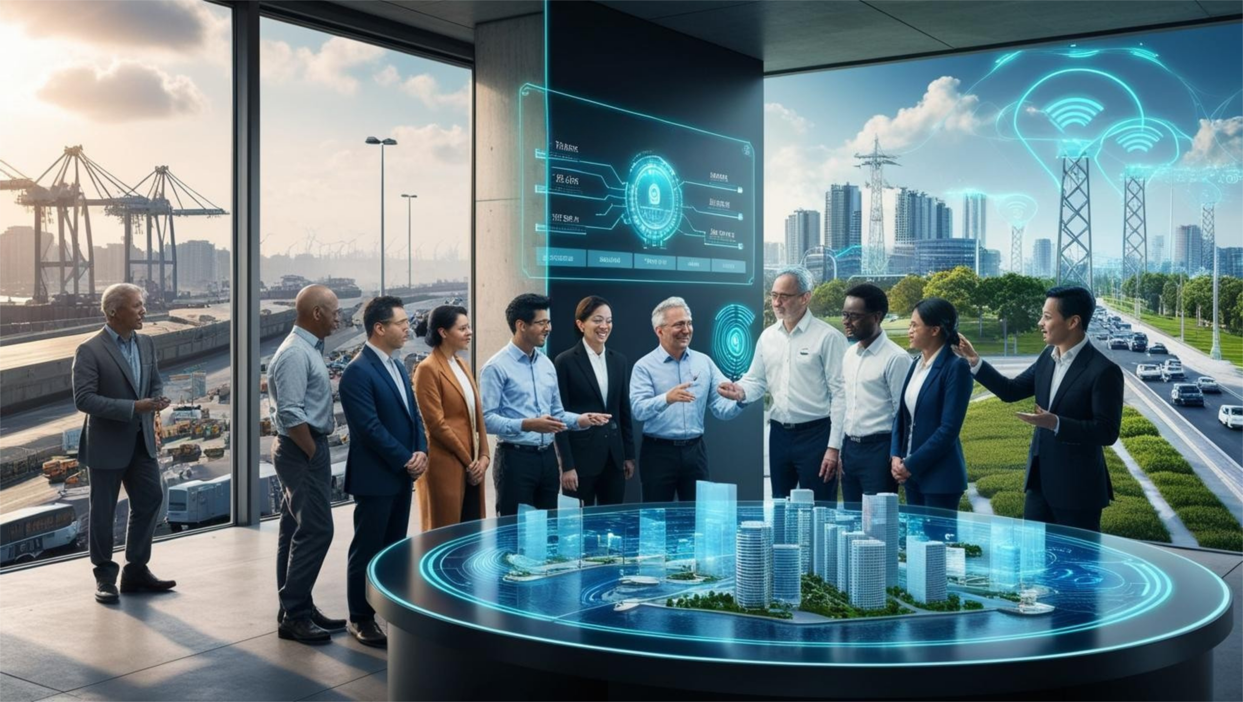Equipo de expertos en tecnología urbana analizando un gemelo digital sobre mesa táctil, con una ciudad al fondo en transición de infraestructura tradicional a Smart City, mostrando sensores IoT, torres 5G, zonas verdes y movilidad sostenible.