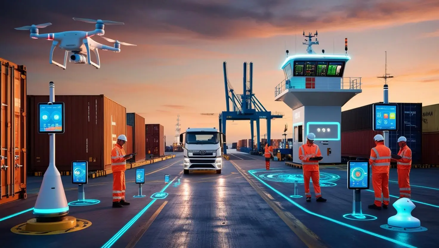 Puerto inteligente al amanecer con interoperabilidad avanzada: dron volando entre grúas automatizadas, vehículos eléctricos autónomos operando, operario con gafas de realidad aumentada y torre de control supervisando dashboards conectados; sensores IoT y red LoRaWAN visibles en un entorno digitalizado y coordinado