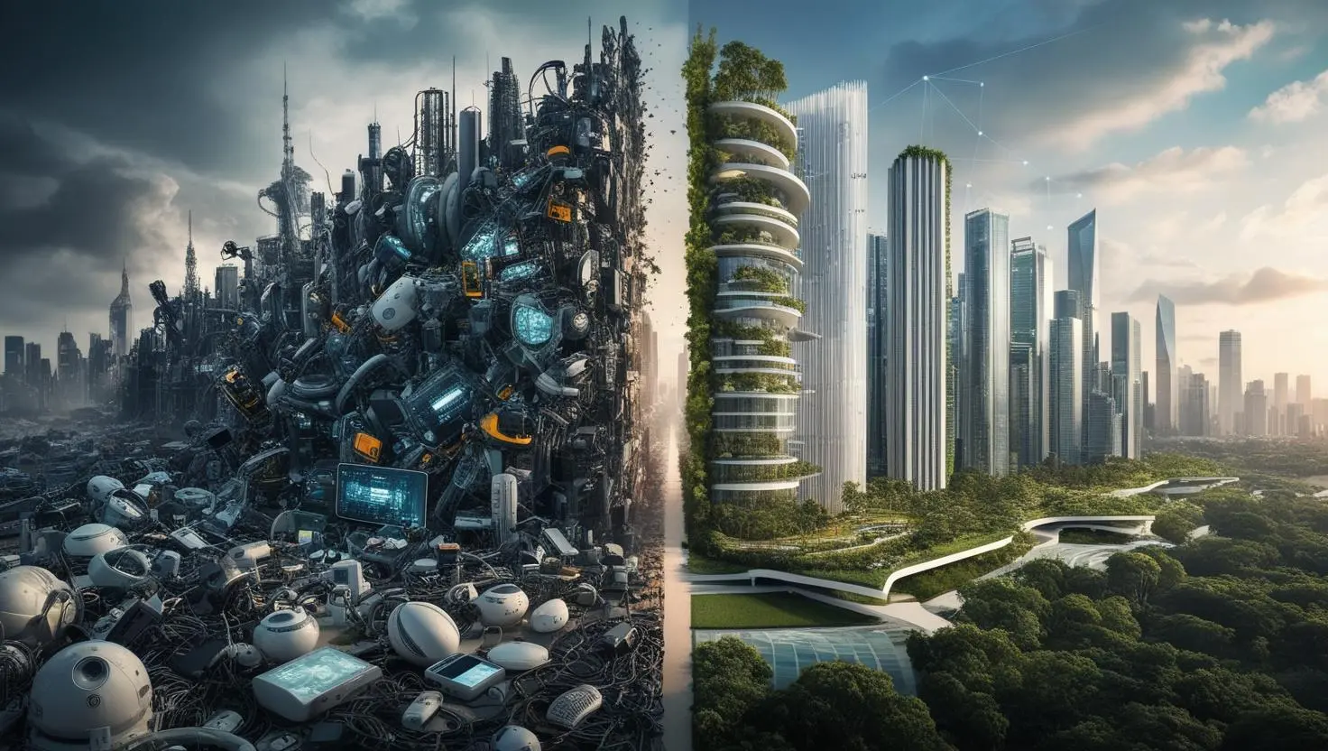 Una ciudad partida en dos: a la izquierda una “ciudad tecnológica” llena de dispositivos pero desordenada, y a la derecha una “Smart City” limpia, verde, conectada e integrada.