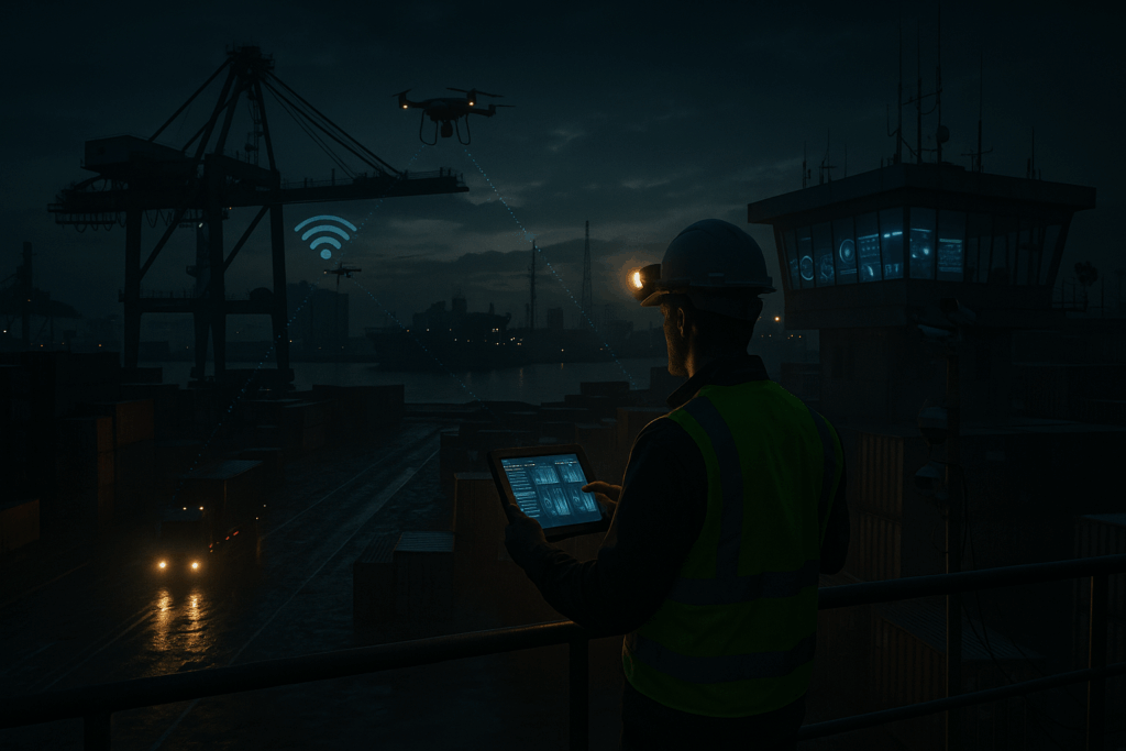 "Trabajador en un puerto inteligente durante un apagón nocturno, supervisando operaciones desde una tablet conectada a drones, grúas y camiones autónomos mediante redes digitales, con una torre de control iluminada en el fondo