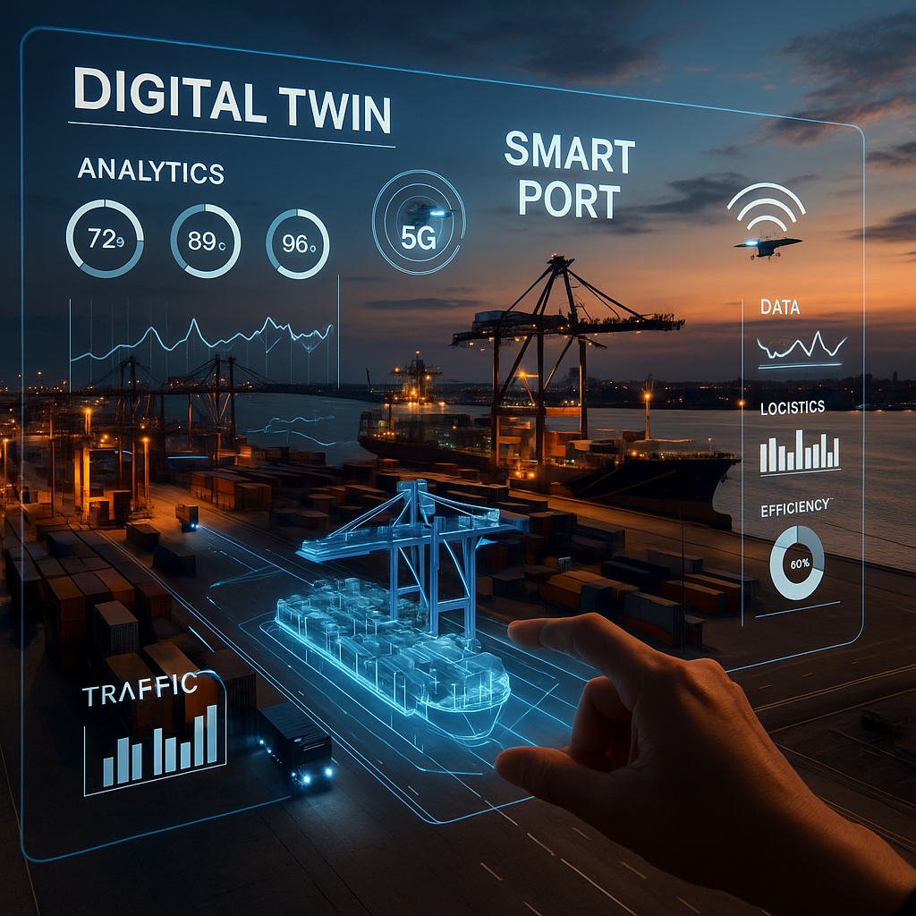 Interfaz digital de gemelo digital proyectada sobre un puerto inteligente al atardecer, mostrando grúas, contenedores y un mapa 3D interactivo con datos en tiempo real de tráfico, logística, eficiencia y conectividad 5G.