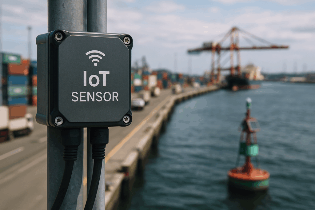 Sensor IoT montado en un poste metálico en un puerto industrial, con contenedores, grúas y una baliza marítima equipada con panel solar en el fondo, representando la digitalización e inteligencia del entorno portuario.