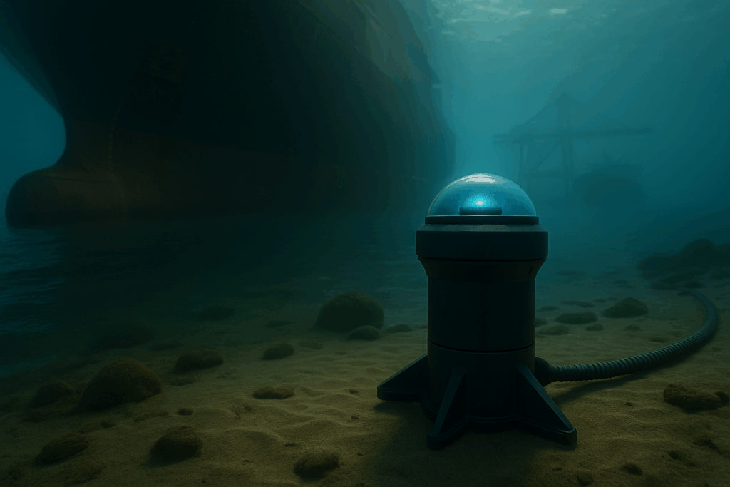 Fotografía submarina que muestra el casco de un gran buque portacontenedores visto desde debajo del agua, en un entorno portuario. La imagen destaca la inmensidad y estructura sumergida del barco, con aguas oscuras y detalles técnicos realistas del casco. No se observan contenedores ni elementos fuera de contexto bajo el agua.