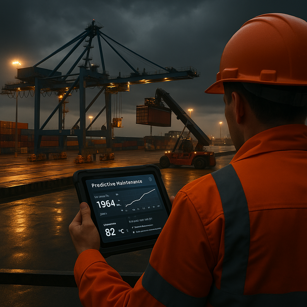 Operario portuario con chaleco reflectante naranja, de espaldas, observando una grúa en mantenimiento en pleno muelle. En el chaleco, se aprecia de forma sutil el logotipo de Quantyx Smart integrado sobre el tejido. El entorno muestra maquinaria pesada, contenedores y estructuras metálicas bajo un cielo nublado, representando un entorno industrial donde se aplica mantenimiento predictivo con tecnología avanzada.