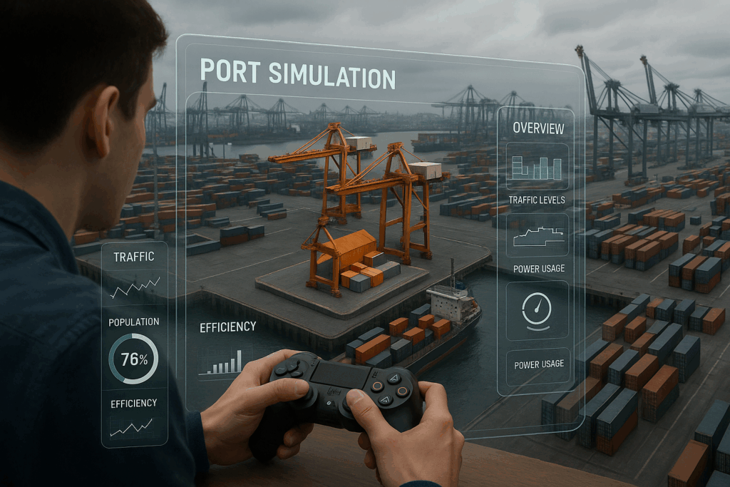 Un joven sostiene un control de videojuegos mientras interactúa con una interfaz de realidad aumentada hiperrealista que simula la construcción de un puerto. El fondo muestra un puerto marítimo completamente industrial con grúas, contenedores y barcos. La interfaz flotante incluye gráficos de tráfico, eficiencia, población y consumo de energía, todo con un estilo futurista y realista en un entorno nublado de día.