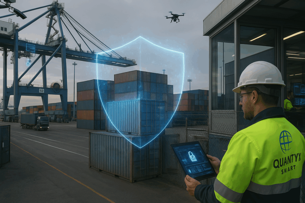 Trabajador portuario con casco y chaleco de seguridad operando una tablet con interfaz de ciberseguridad, mientras un escudo digital azul protege los contenedores de carga en el puerto. Un dron sobrevuela la zona y grúas portuarias están en funcionamiento al fondo. El entorno refleja un sistema avanzado de seguridad cibernética en operaciones logísticas