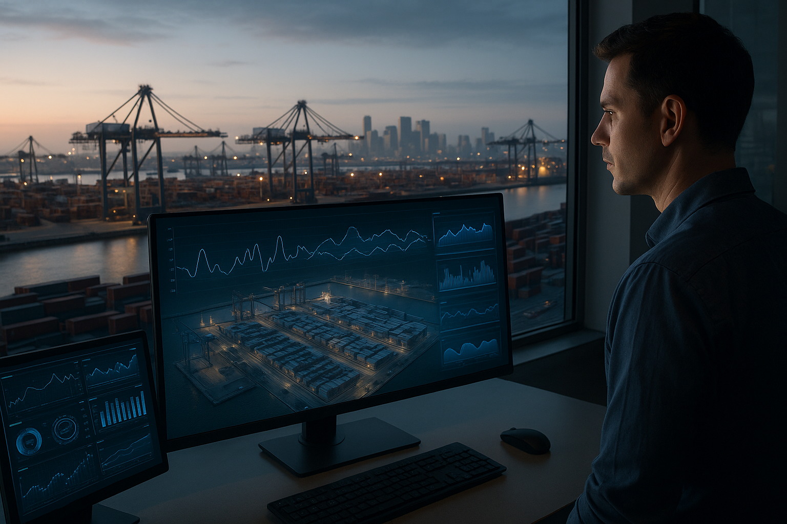 Centro de control portuario moderno, donde un operador analiza una pantalla con un modelo 3D del puerto en tiempo real. En la imagen se muestran datos proyectados como tráfico logístico, condiciones climáticas y predicciones operativas. Al fondo, se observan grúas, contenedores y el mar, todo con iluminación natural al atardecer