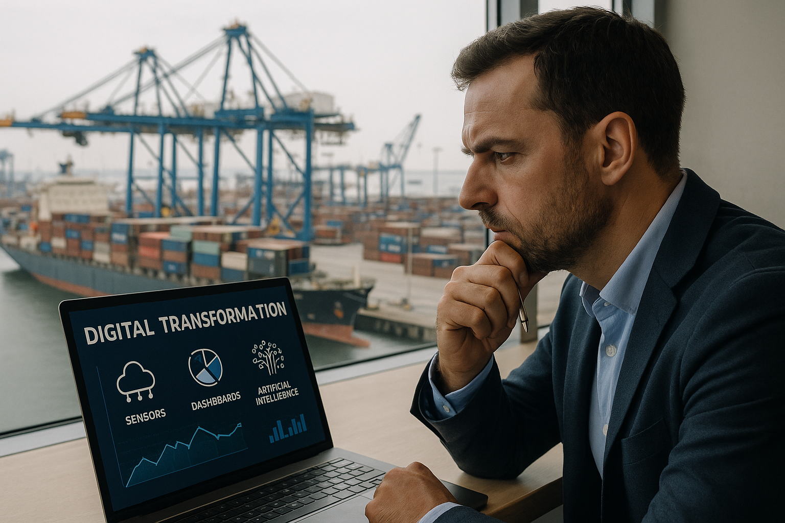 hombre concentrado en una sala de control portuario, observando la pantalla de su portátil que muestra la frase “DIGITAL TRANSFORMATION” junto a iconos de sensores, dashboards e inteligencia artificial. A través de la gran ventana se ve un puerto activo con grúas azules y contenedores apilados, mientras un buque de carga maniobra en el muelle. La imagen transmite análisis, estrategia y transformación tecnológica en un entorno logístico real.