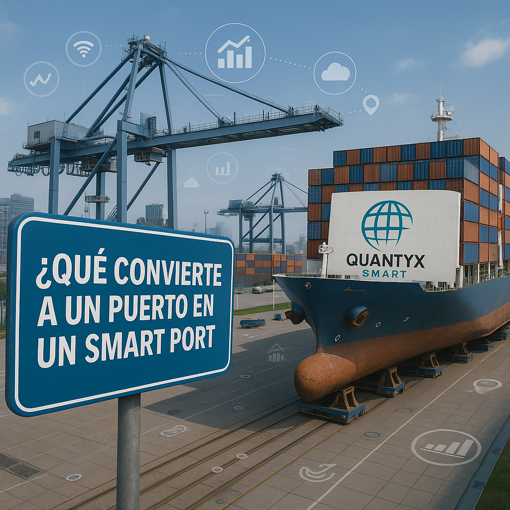 Un puerto inteligente en plena operación. En primer plano, un cartel azul con letras blancas pregunta: “¿QUÉ CONVIERTE A UN PUERTO EN UN SMART PORT?”. Al fondo, un buque portacontenedores con el logotipo de Quantyx Smart está apoyado sobre soportes en tierra, rodeado de contenedores y grúas automatizadas. Iconos digitales flotan en el aire, representando conectividad, análisis de datos y sensores IoT, simbolizando la transformación tecnológica del entorno portuario.