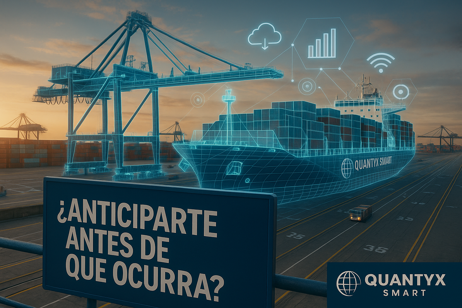 En primer plano, un cartel azul con letras blancas plantea la pregunta: “¿ANTICIPARTE ANTES DE QUE OCURRA?”. Al fondo, un buque portacontenedores y grúas aparecen parcialmente representados con un efecto de gemelo digital en forma de estructuras de líneas azules. Iconos flotantes de datos, nube, conectividad y gráficos simbolizan la monitorización en tiempo real. El logotipo de Quantyx Smart aparece discretamente integrado en el costado del buque, en armonía con el entorno tecnológico.