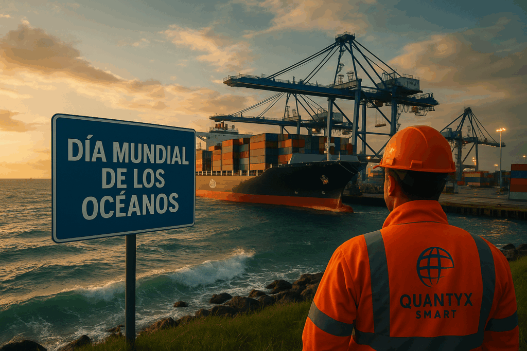 “DÍA MUNDIAL DE LOS OCÉANOS” en primer plano. A la derecha, un trabajador portuario con chaleco reflectante y casco observa el muelle; en su espalda se ve el logotipo de Quantyx Smart. Al fondo, un gran buque portacontenedores está siendo descargado por grúas, mientras las olas rompen suavemente contra el rompeolas. La imagen transmite un mensaje de compromiso entre tecnología, sostenibilidad y respeto por los océanos.