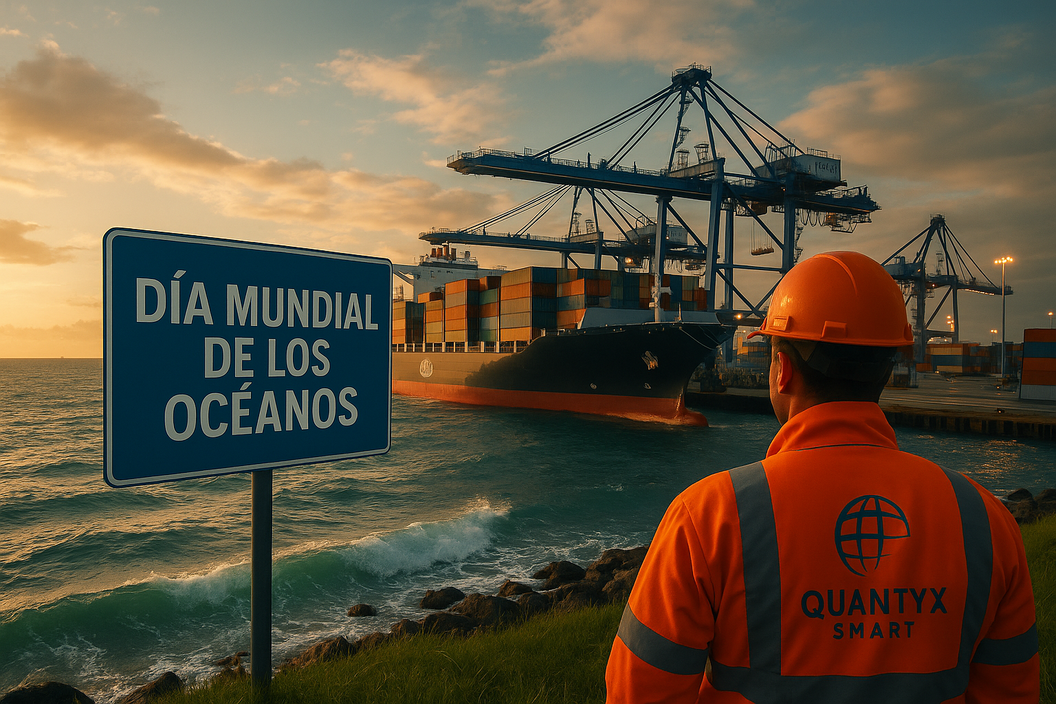 “DÍA MUNDIAL DE LOS OCÉANOS” en primer plano. A la derecha, un trabajador portuario con chaleco reflectante y casco observa el muelle; en su espalda se ve el logotipo de Quantyx Smart. Al fondo, un gran buque portacontenedores está siendo descargado por grúas, mientras las olas rompen suavemente contra el rompeolas. La imagen transmite un mensaje de compromiso entre tecnología, sostenibilidad y respeto por los océanos.